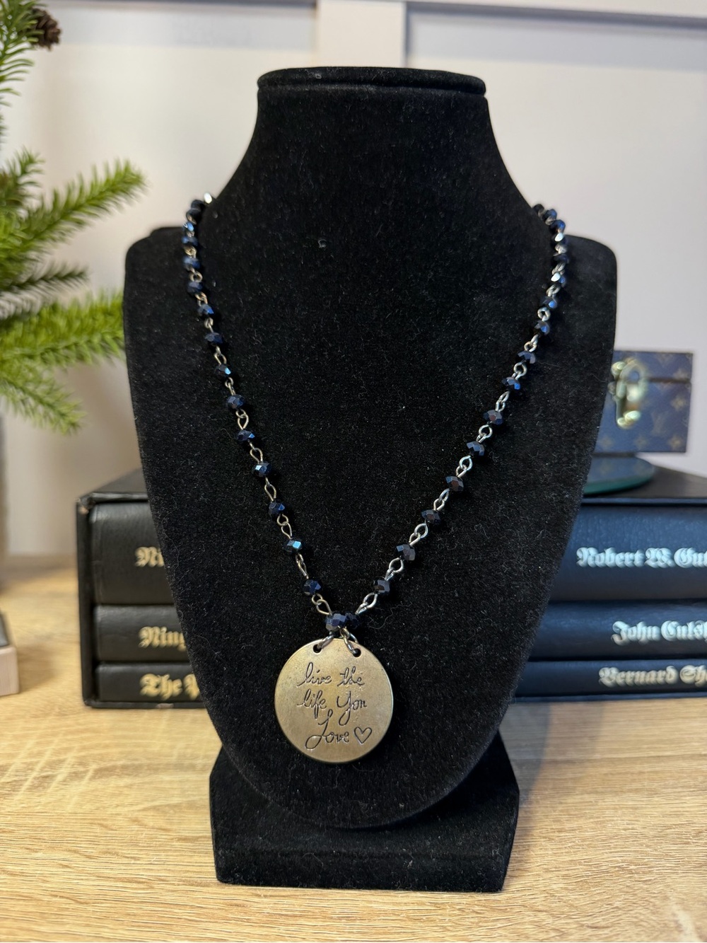 Handcrafted Black Beaded Necklace with Inspirational Gold Pendant